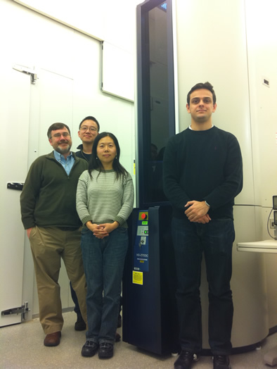  (from left to right) Eric Stach, Dong Su, Lihua Zhang, Vitor Manfrinato at Brookhaven National Laboratory with STEM microscope 